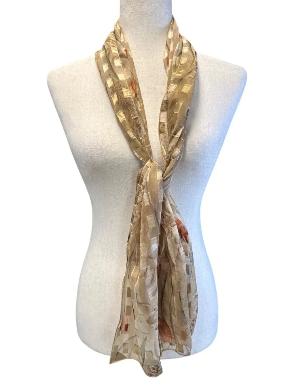 Floral Sheer Chiffon Scarf with Gold Metallic Grid Pattern L2 28